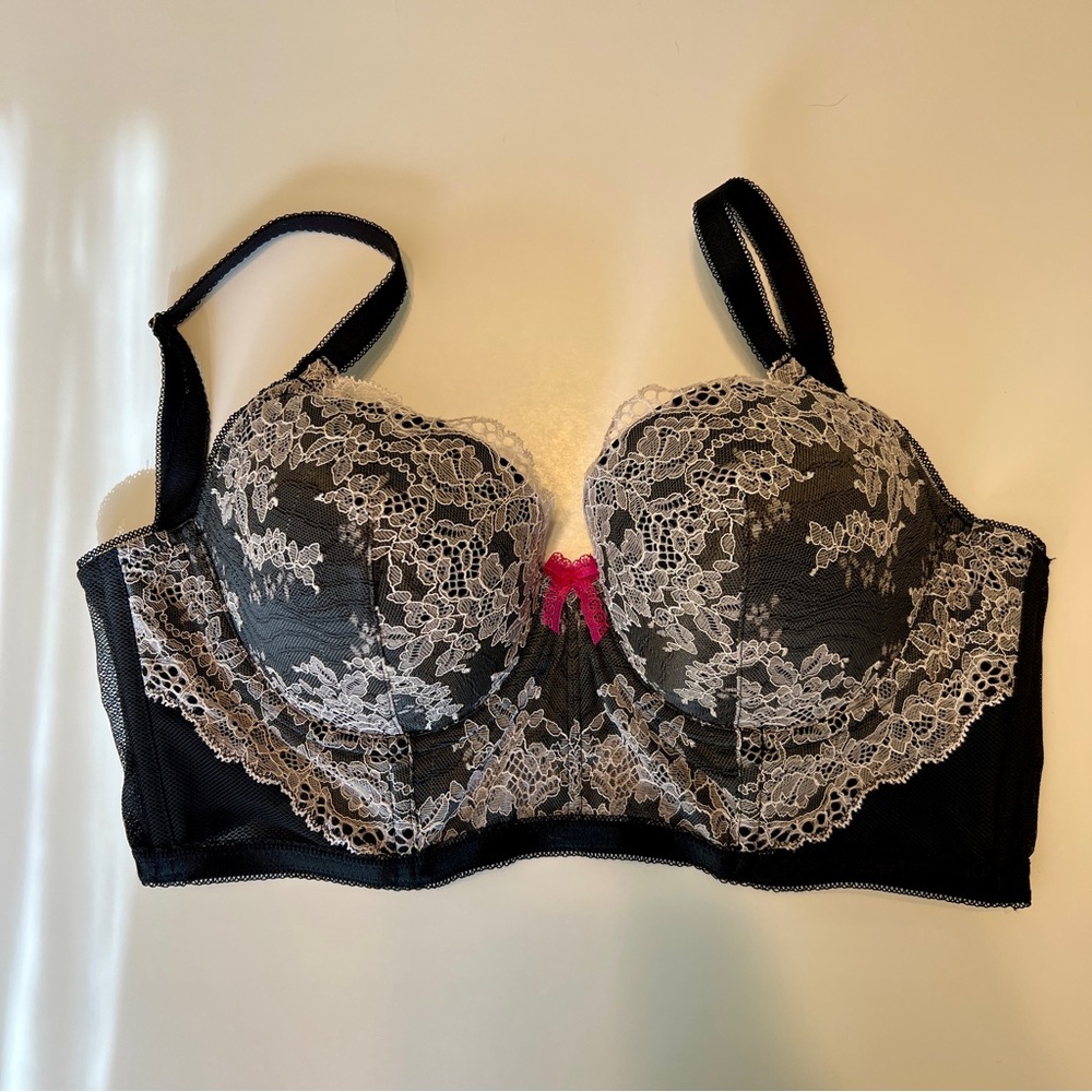 Victoria's Secret Black Lace Longline Bra with Pink Bow